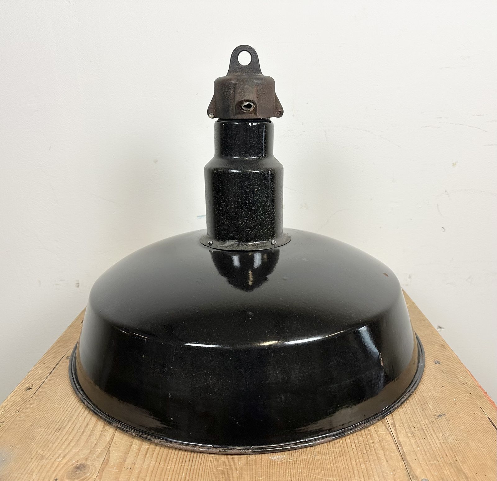 photo for sale Industrial Midcentury Black Enamel Factory Lamp, 1950s, 2x