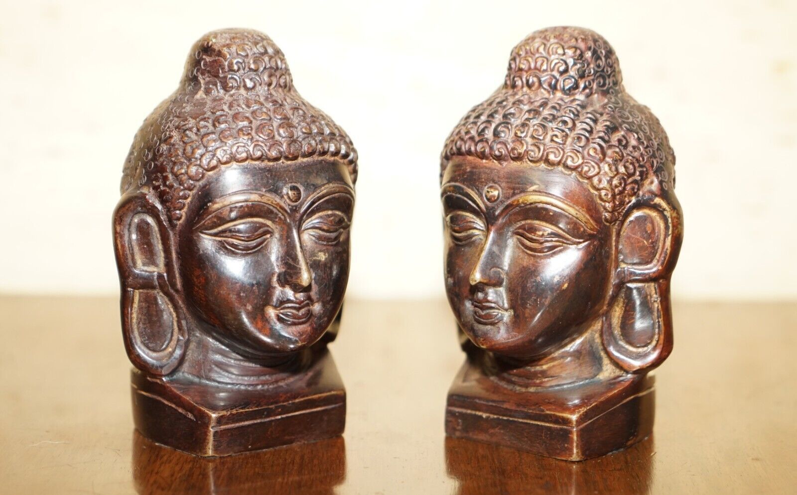 Lovely Pair Of Indonesian Bronzed Buddha Heads Very Decorative Lovely Patina
