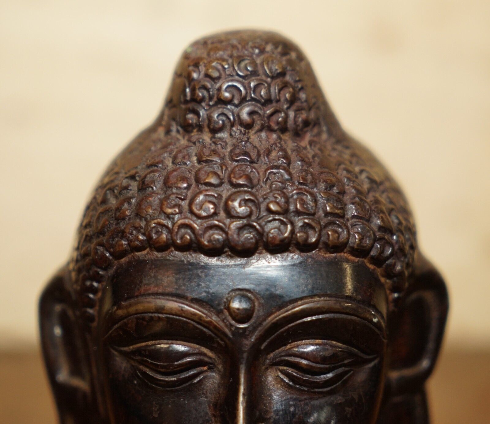 Lovely Pair Of Indonesian Bronzed Buddha Heads Very Decorative Lovely Patina photo Art