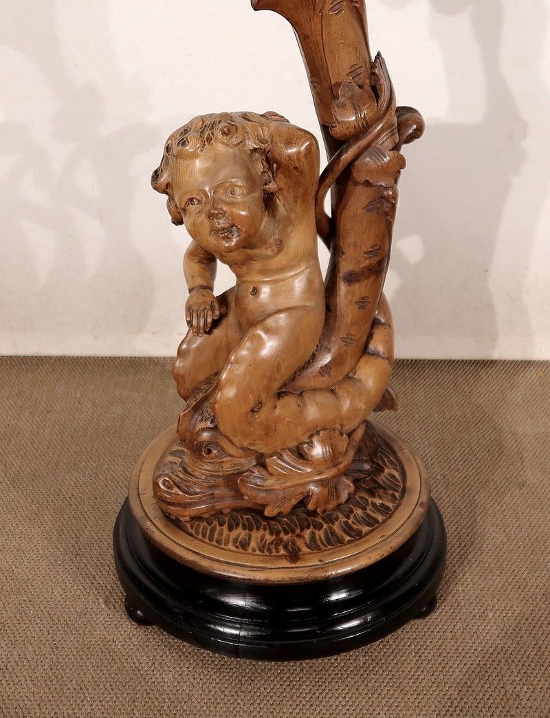 photo furniture "Eros Riding A Dolphin" Harness In Natural Wood And Blackened Wood, Napoleon III Style, 19th Century