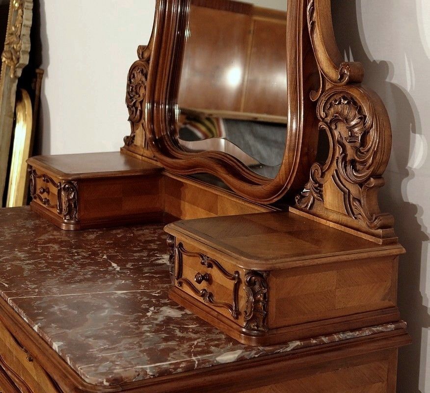 photo buy Walnut Psyche Chest Of Drawers, Maison Guinand Leglas, Rocaille Style – 1900