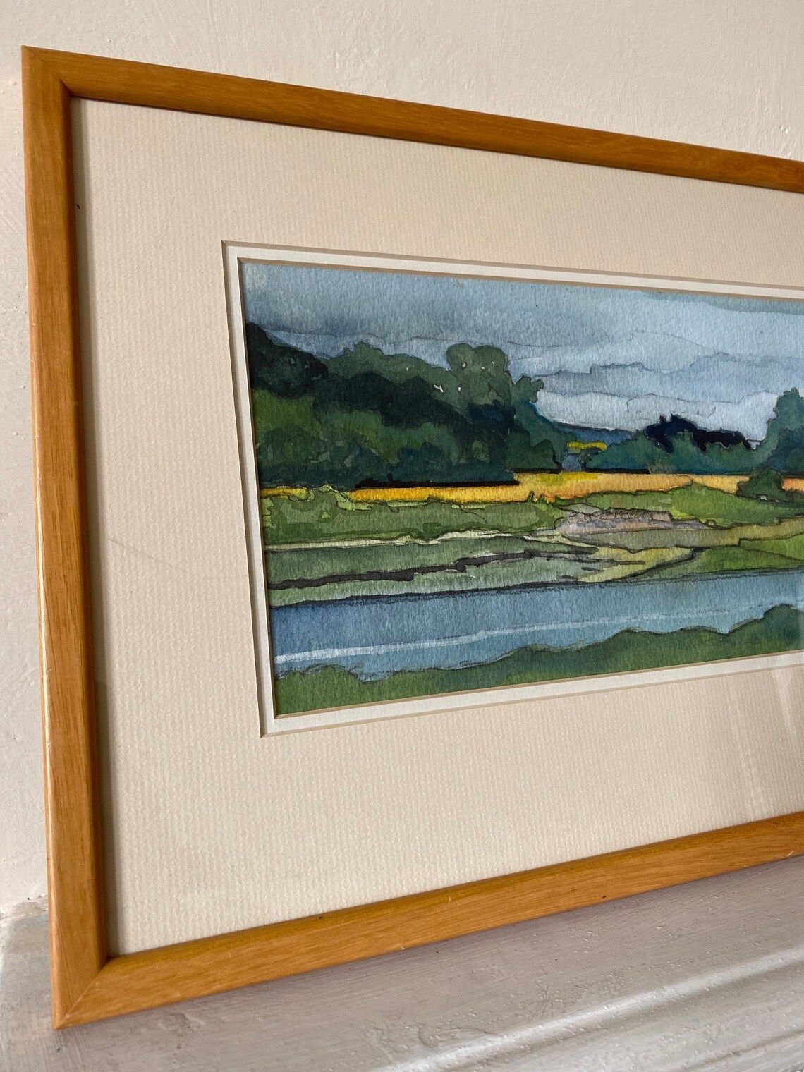 1970s Landscape Watercolour Painting In Blues & Greens, Original Vintage Artwork Of Lakeside Woodland Scene Glazed And Framed In Solid Wood photo 320.0