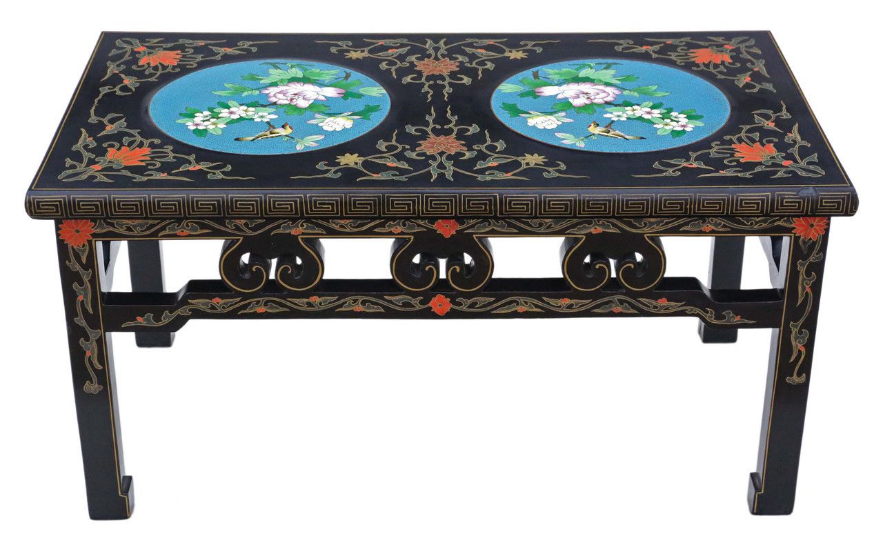 Antique Retro Fine Quality Chinoiserie Chinese Decorated Black Lacquer Coffee Table Cloisonne Panels photo for sale