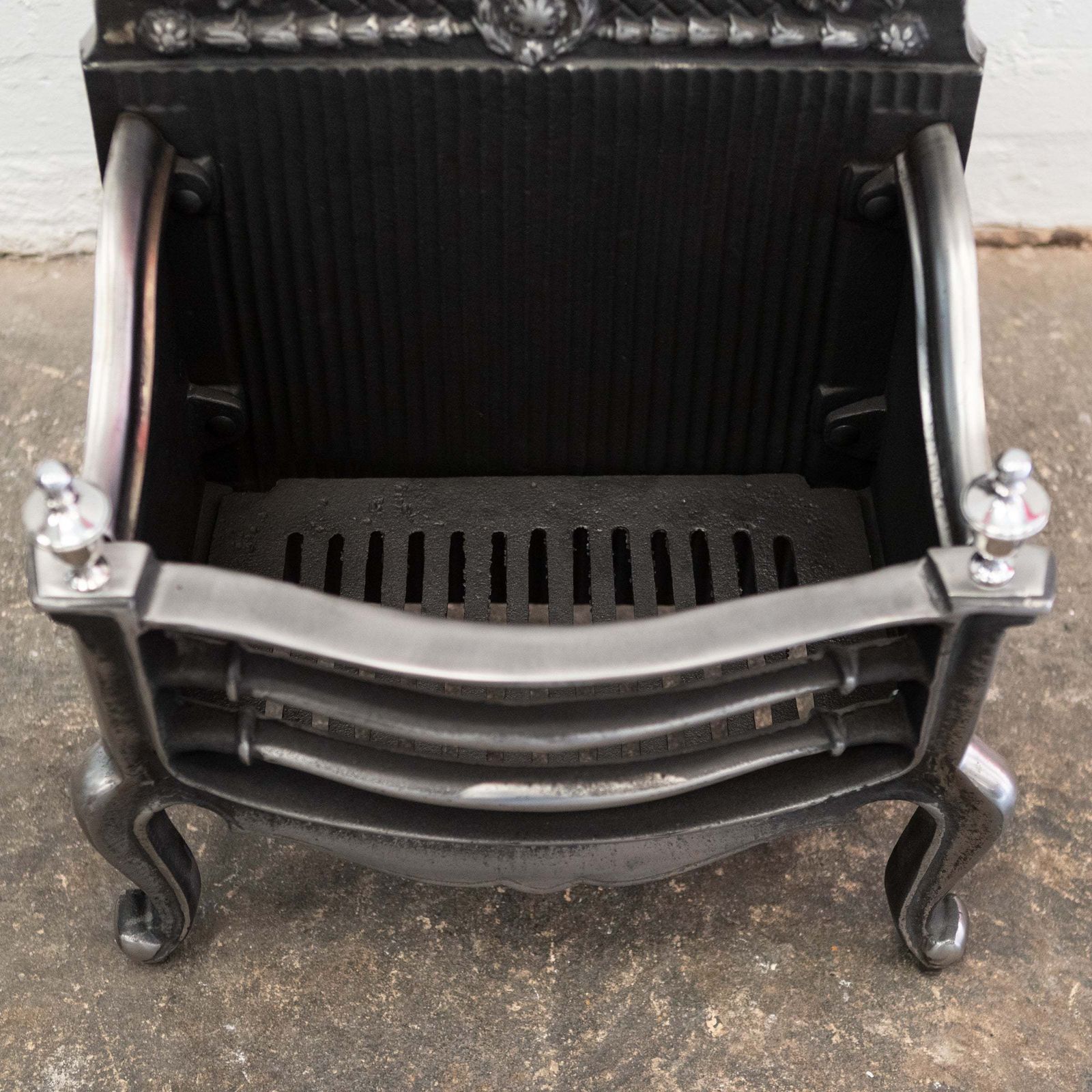 Reclaimed Grand Cast Iron Fire Basket With Finials photo for sale