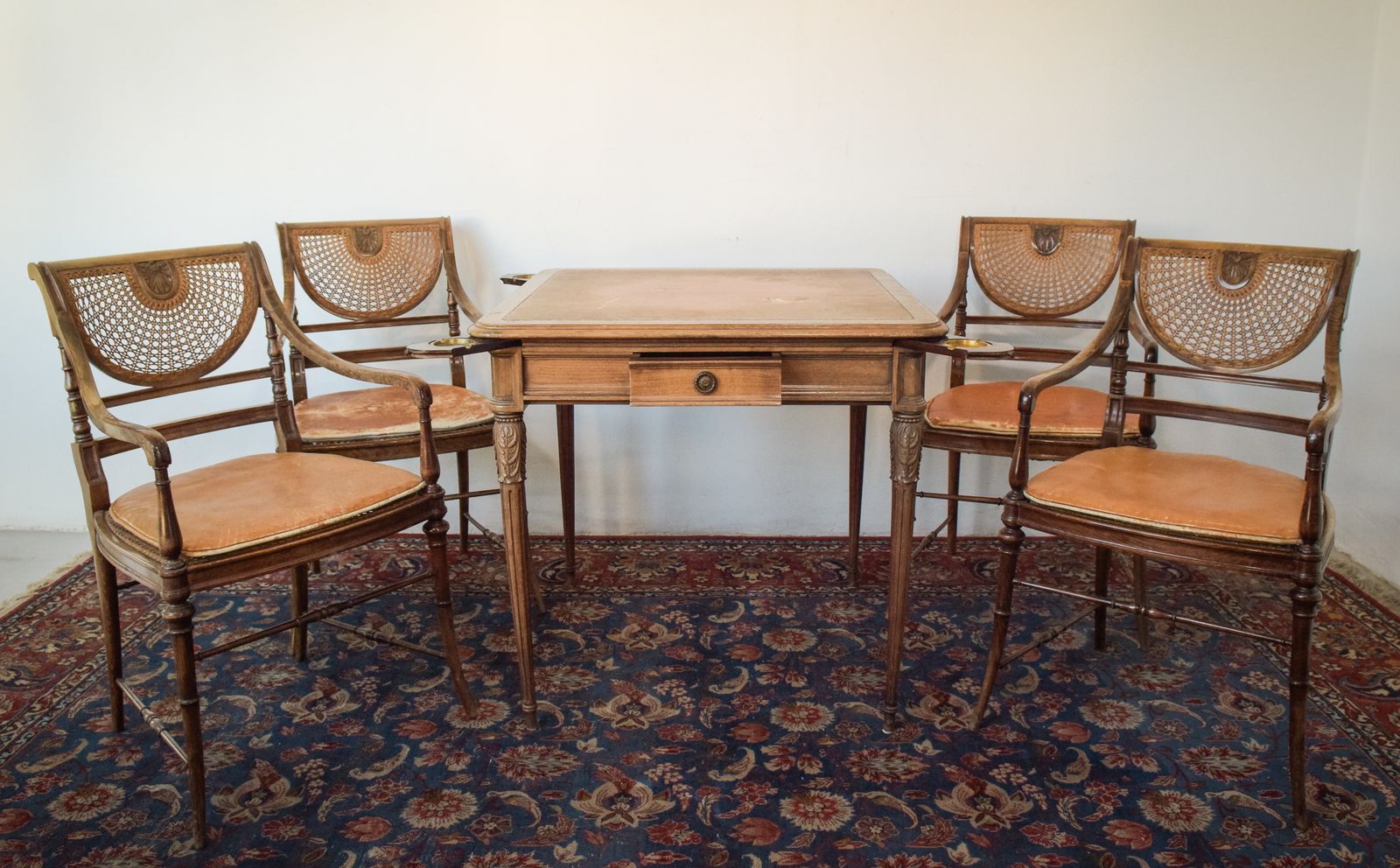 Elegant Vintage Games Table With Four Matching Bergere Chairs