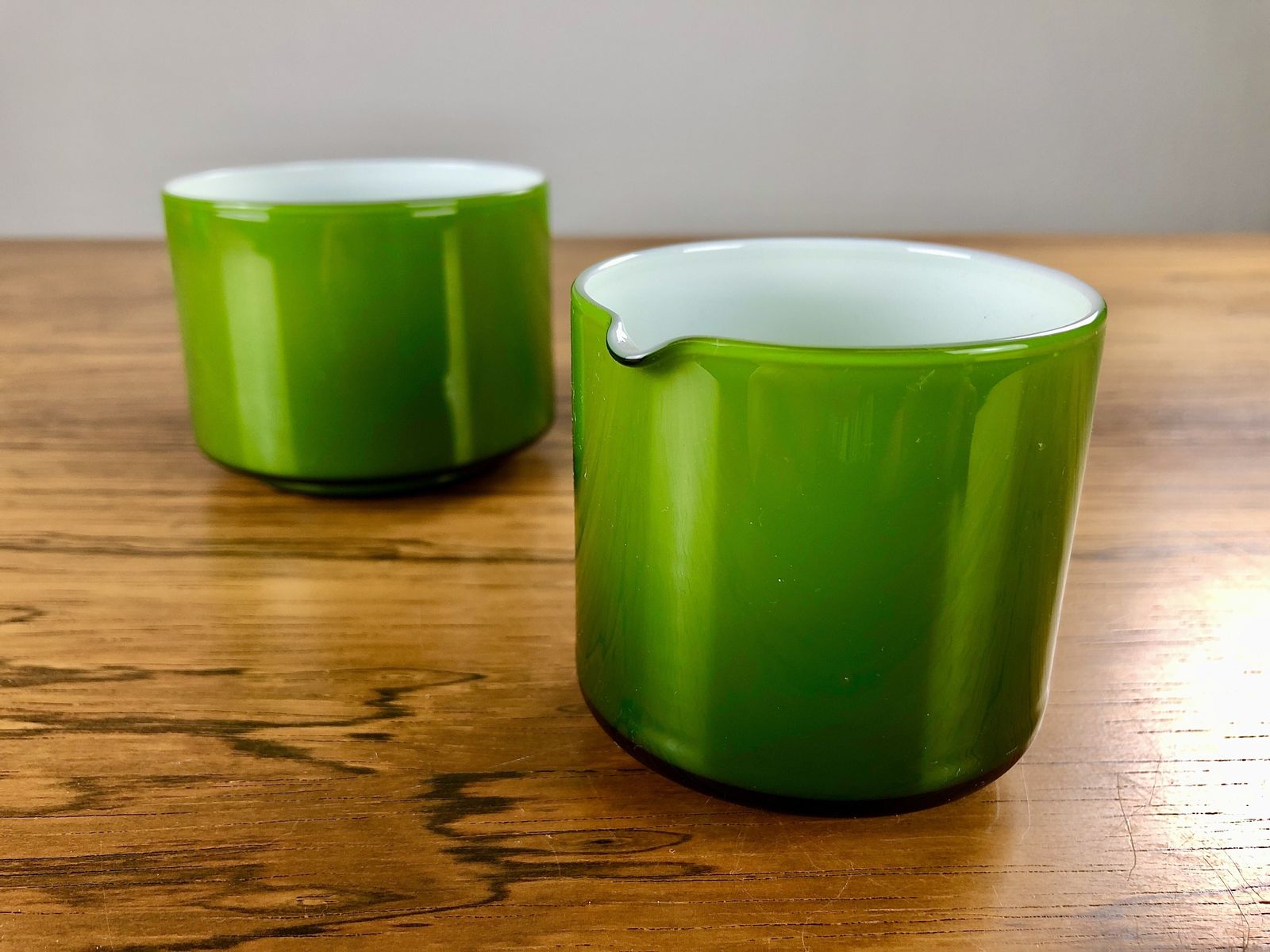 Green Danish Cream And Sugar Bowls In Glass By Michael Bang For Holmegaard 1970's
