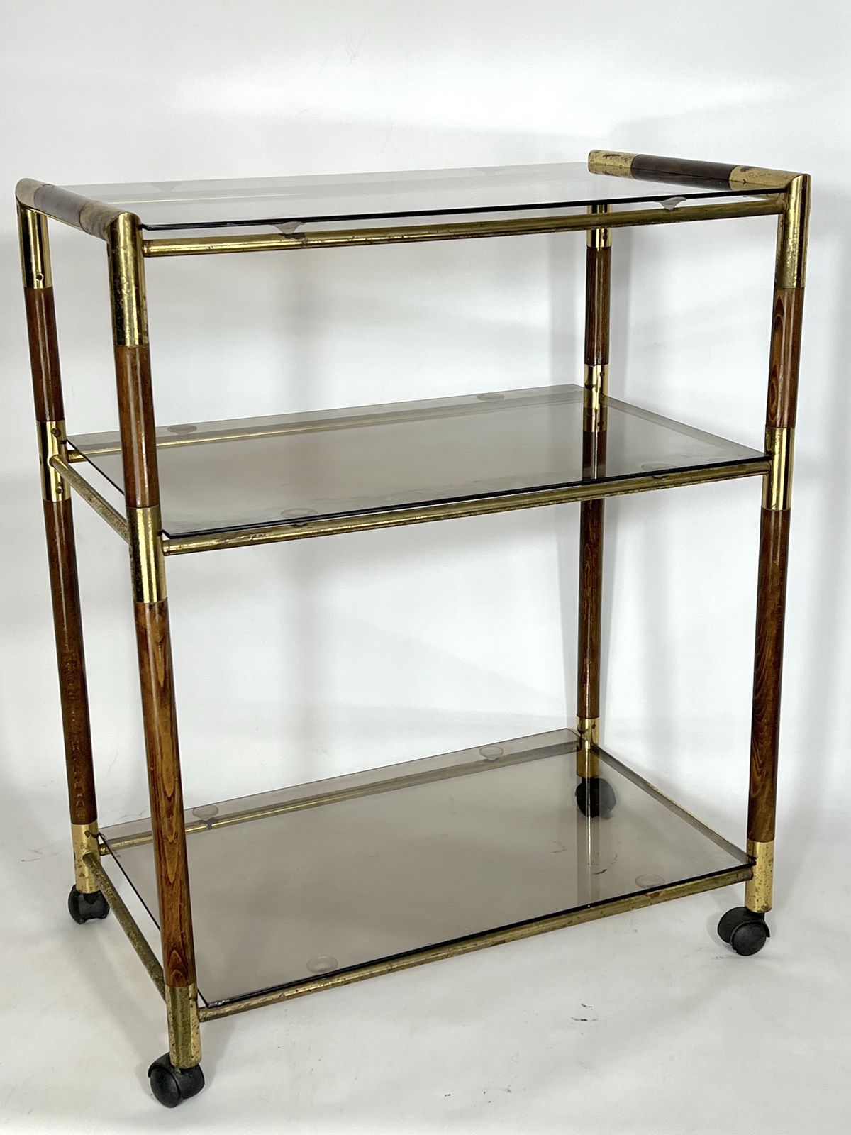 Vintage Italian Three Shelves Brass And Wood Trolley Or Bar Cart By Tommaso Barbi. 1970s