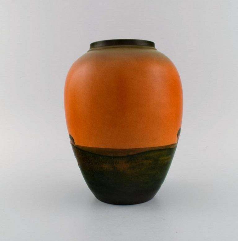 Ipsen's Denmark Vase In Glazed Ceramics Hand Painted Landscape 1920s/30s photo for sale