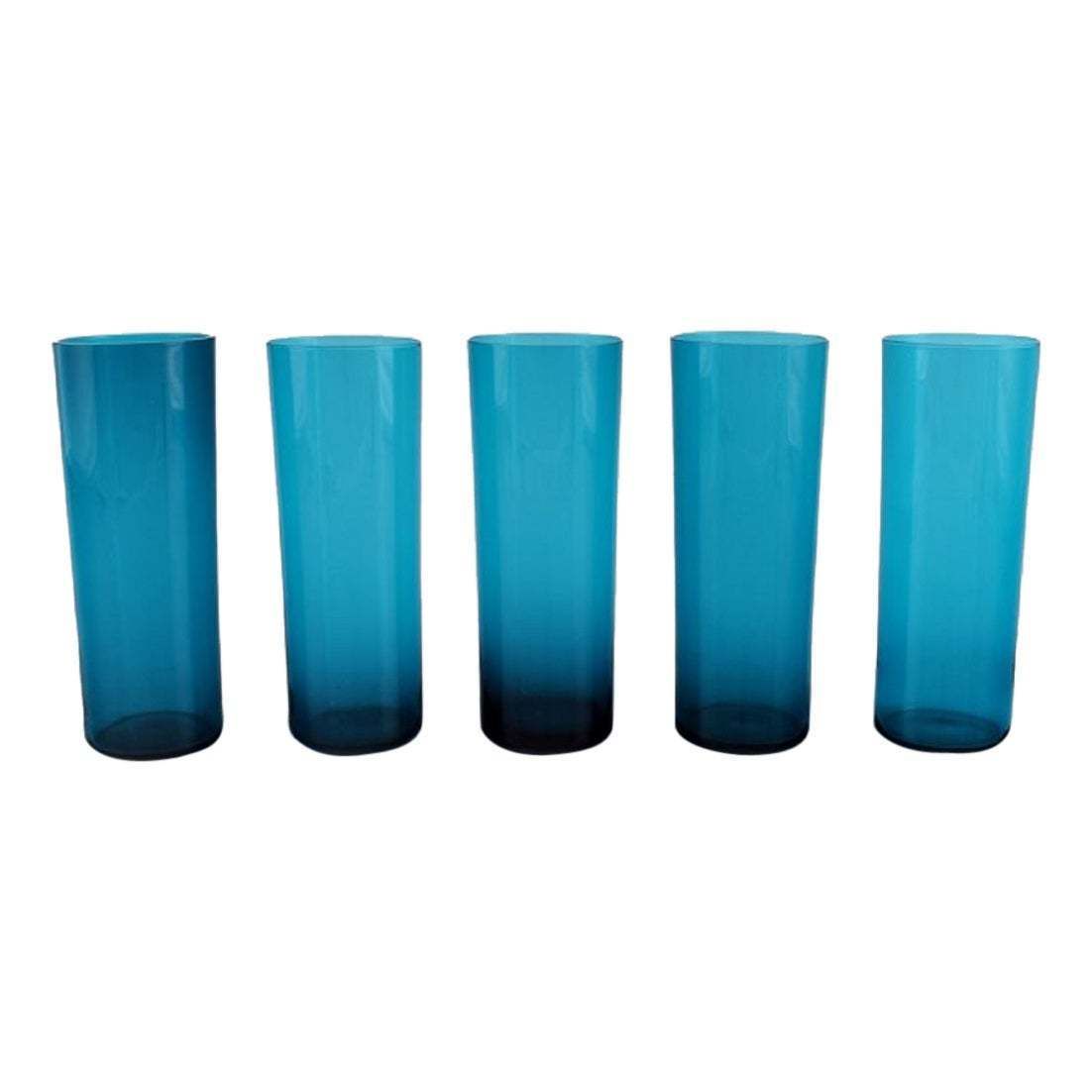 Nanny Still For Riihimäen Lasi, Five Drinking Glasses In Blue Art Glass photo vinterior