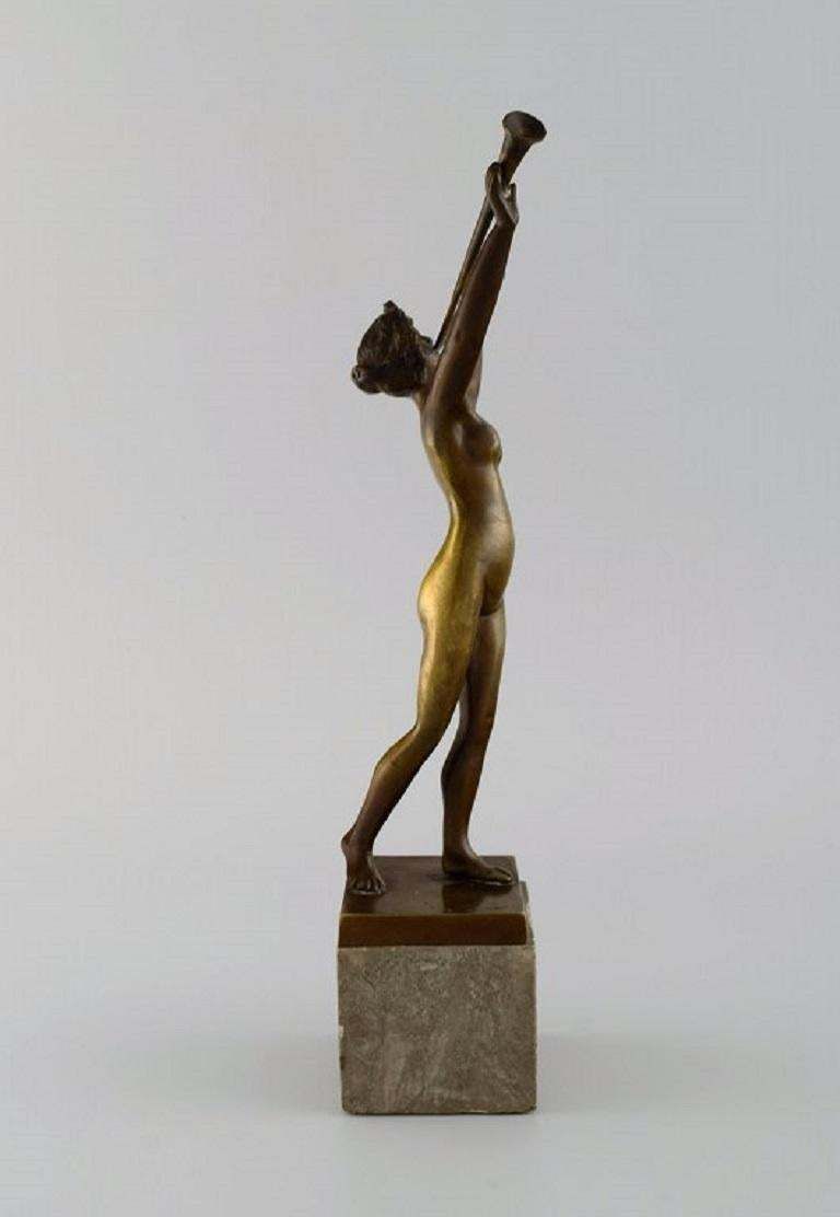 Art Deco Bronze Sculpture On A Marble Base, Lur Blowing Nude Woman, 1920s / 30s photo furniture