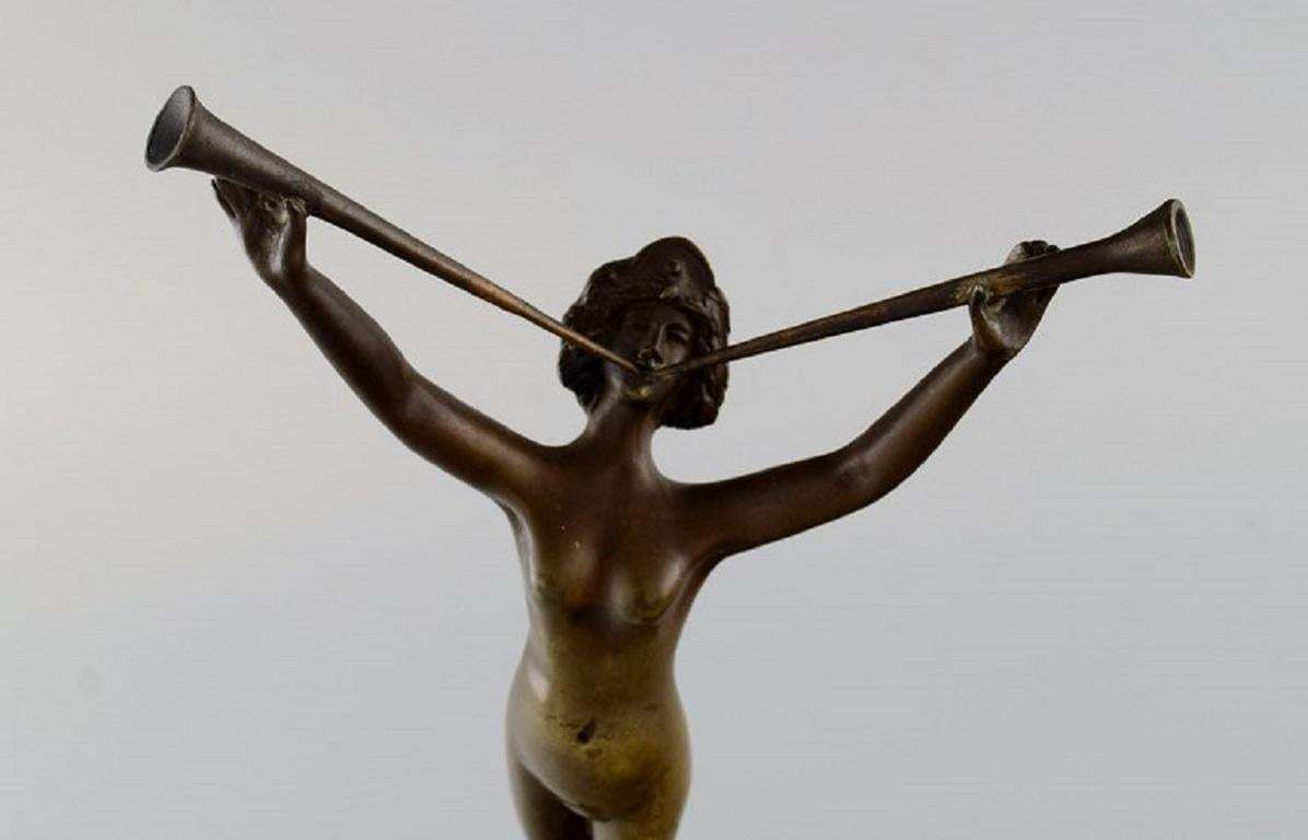 Art Deco Bronze Sculpture On A Marble Base, Lur Blowing Nude Woman, 1920s / 30s photo 903.0