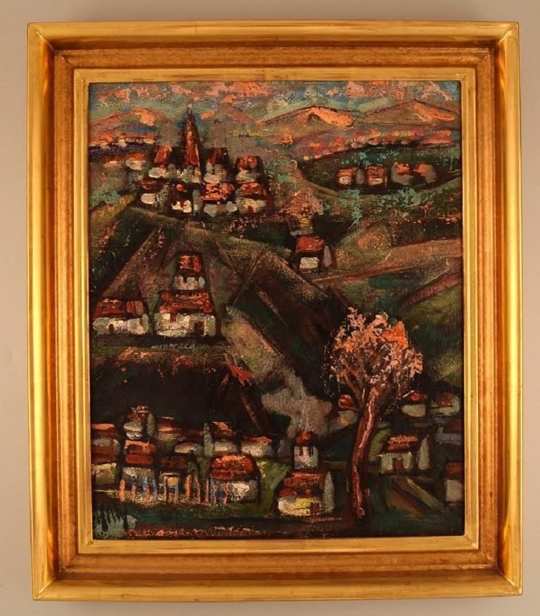 Henri D'anty, France, Oil On Board, Modernist Landscape With Houses photo furniture