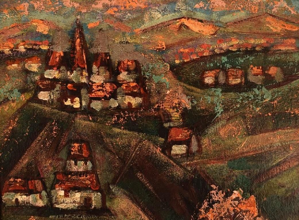 Henri D'anty, France, Oil On Board, Modernist Landscape With Houses photo for sale
