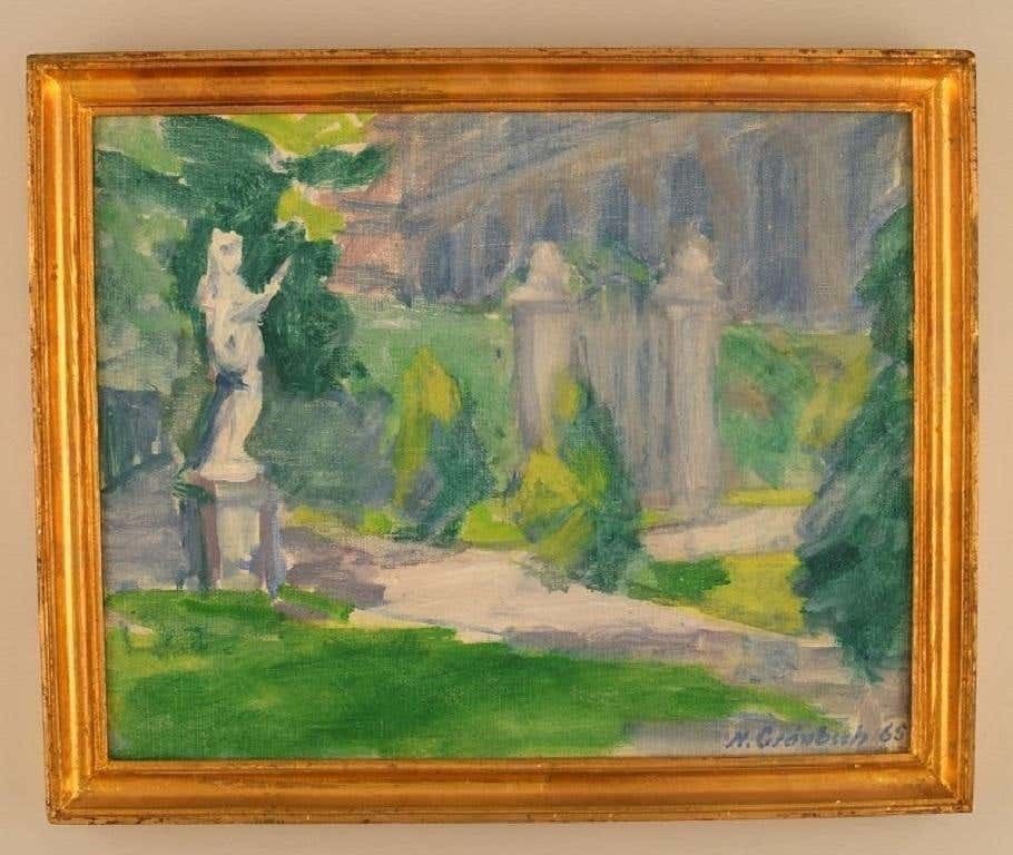 Niels Grønbech, Danish Painter, Oil On Board, Modernist Park Motif photo furniture