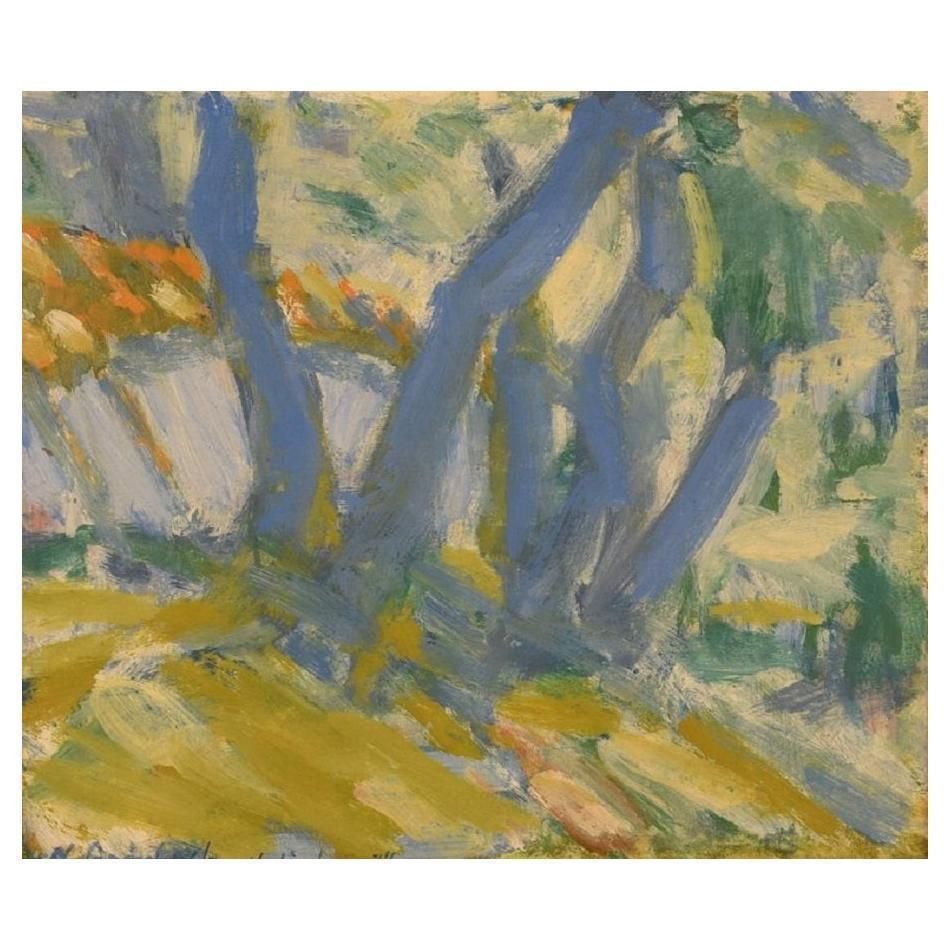 Niels Grønbech '1907 1991', Danish Painter, Oil On Board, Modernist Landscape