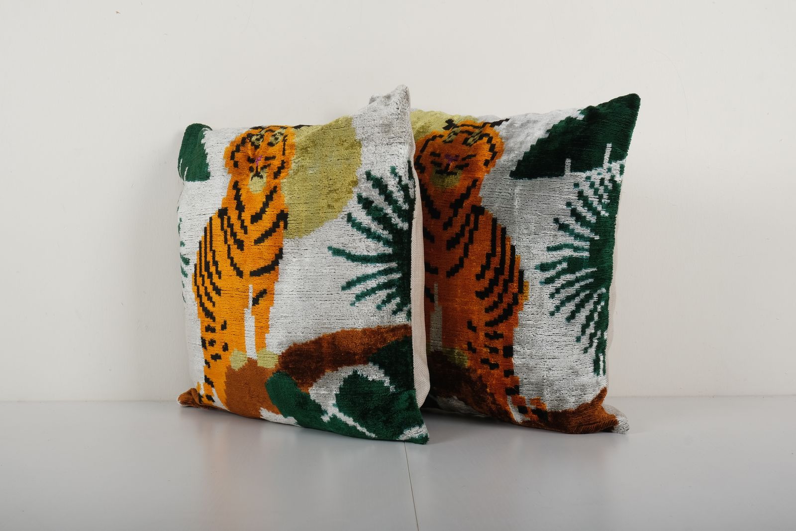 Square Tiger Ikat Velvet Pillow, Pair Animal Silk Cushion Cover, Set Boho Pillowcase 16'' X 16'' photo for sale