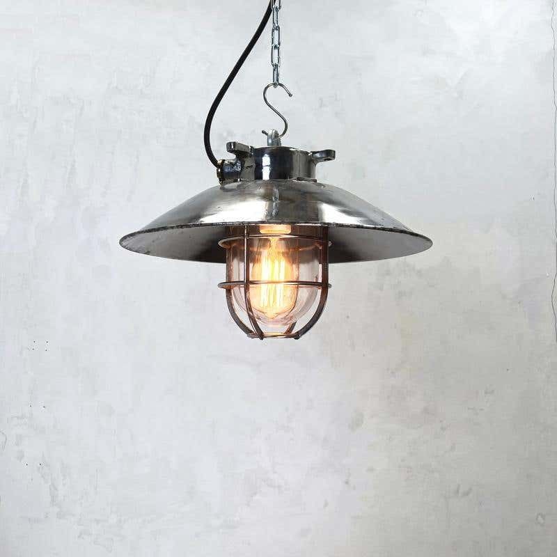 1980's Japanese Cast Steel Explosion Proof Pendant, Cage & Glass Shade, Large photo 350.0