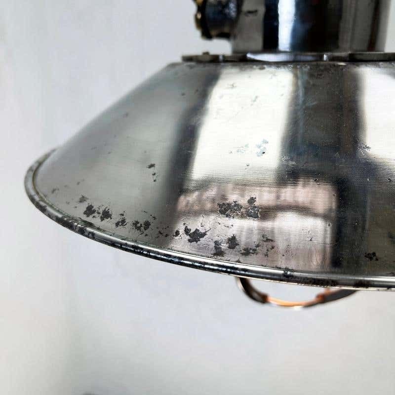 1980's Japanese Cast Steel Explosion Proof Pendant, Cage & Glass Shade, Large photo vintage