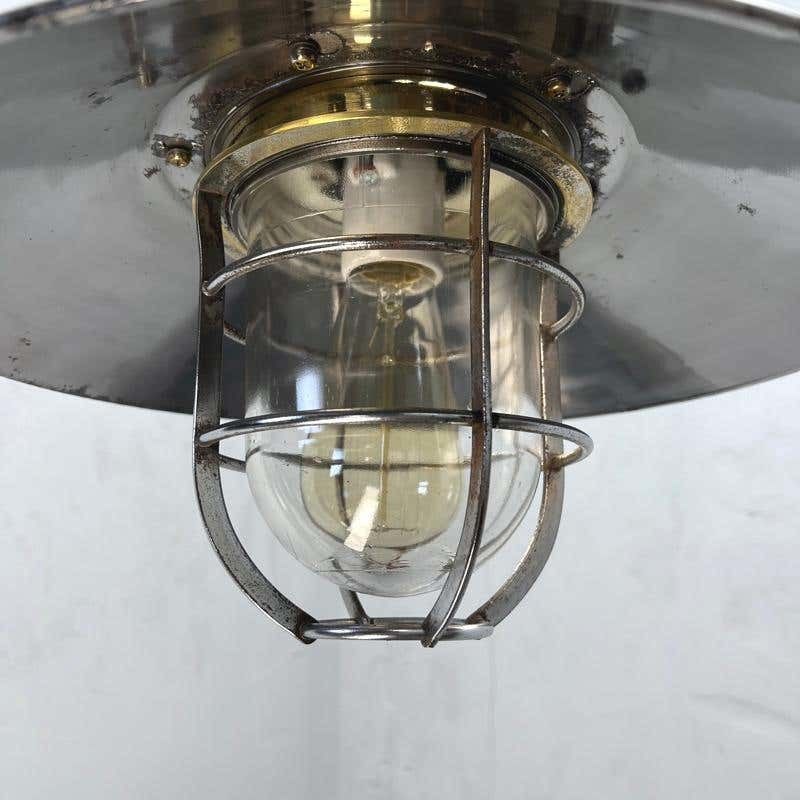 photo vinterior 1980's Japanese Cast Steel Explosion Proof Pendant, Cage & Glass Shade, Large