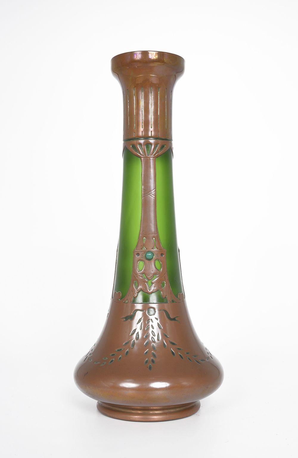 Large Bohemian Jugendstil Art Nouveau Austrian Secessionist Glass Copper Overlay Vase Centrepiece