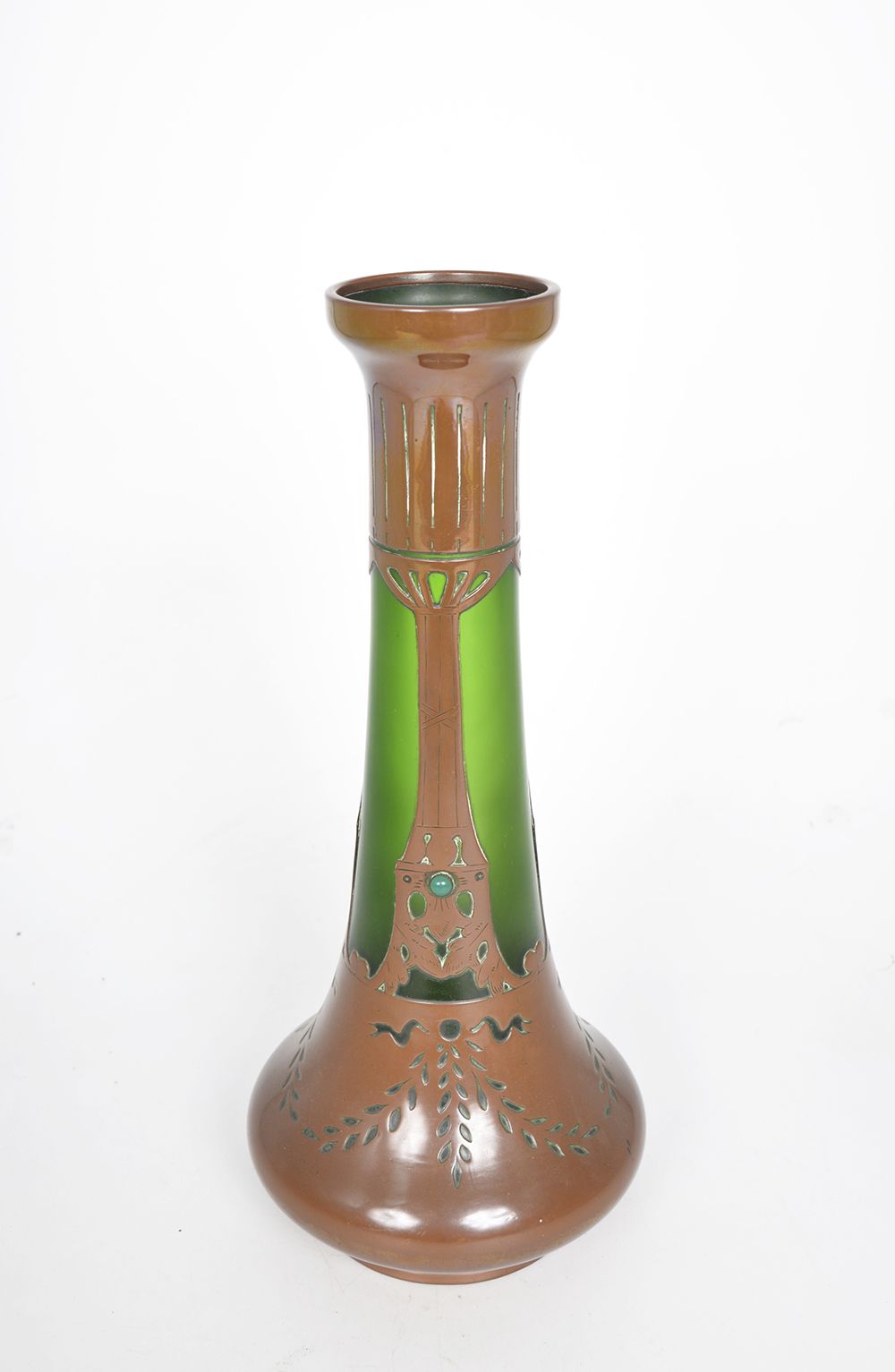 Large Bohemian Jugendstil Art Nouveau Austrian Secessionist Glass Copper Overlay Vase Centrepiece photo furniture