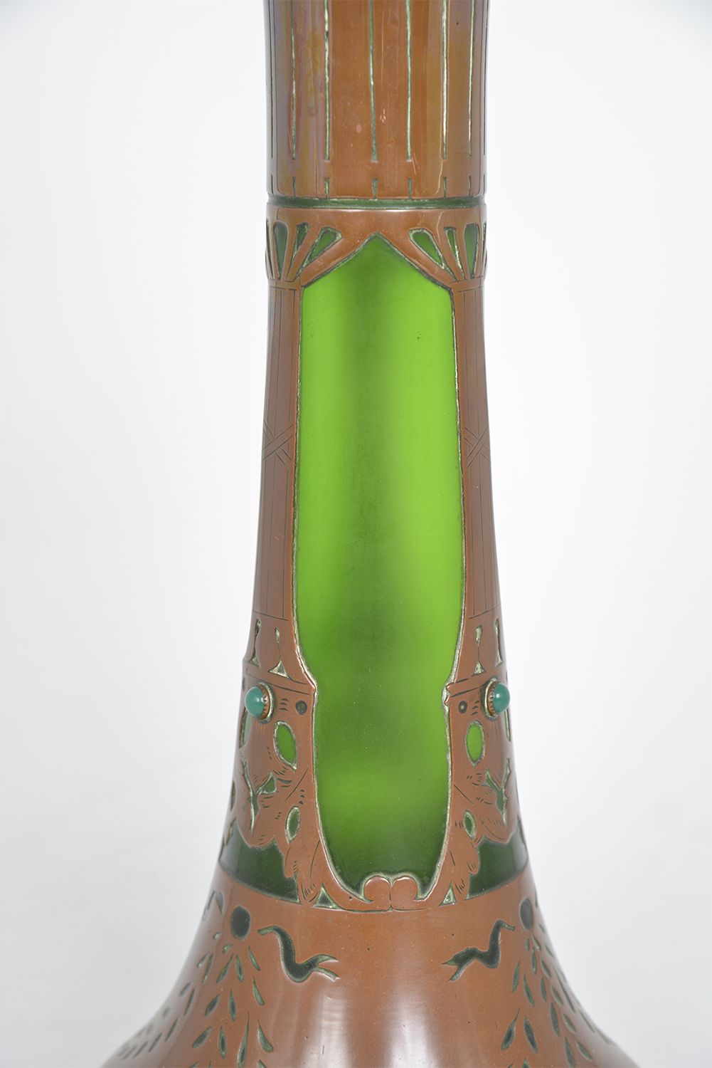 595.0 Large Bohemian Jugendstil Art Nouveau Austrian Secessionist Glass Copper Overlay Vase Centrepiece photo