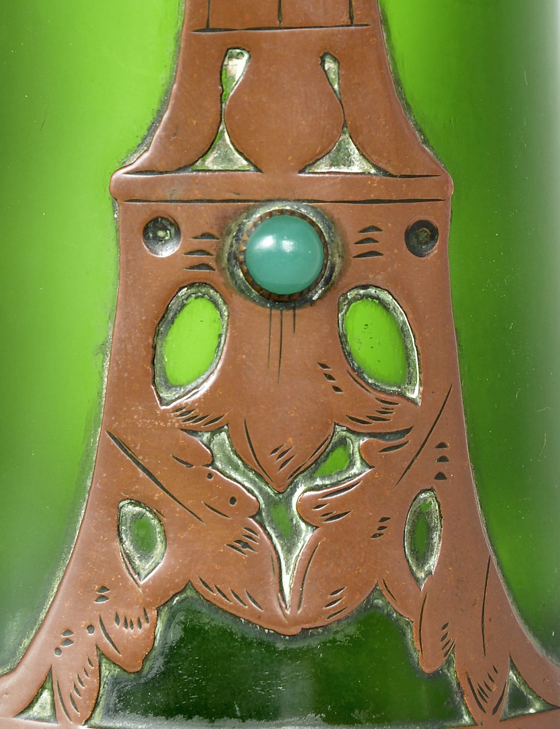 Large Bohemian Jugendstil Art Nouveau Austrian Secessionist Glass Copper Overlay Vase Centrepiece photo vinterior