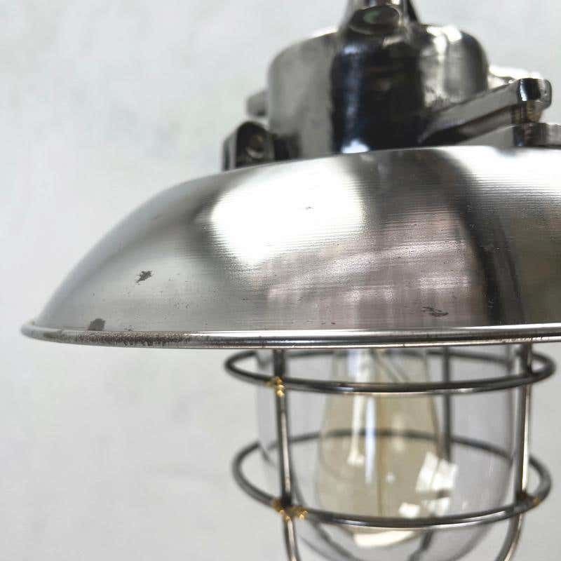 1980's Japanese Cast Steel Explosion Proof Pendant, Cage & Glass Shade photo vinterior