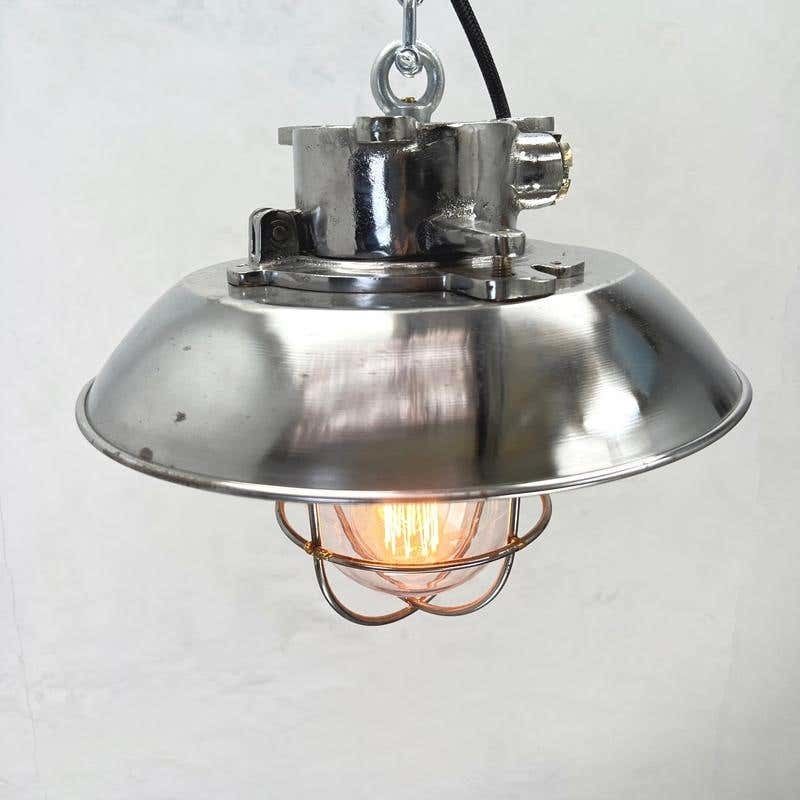 1980's Japanese Cast Steel Explosion Proof Pendant, Cage & Glass Shade photo vintage