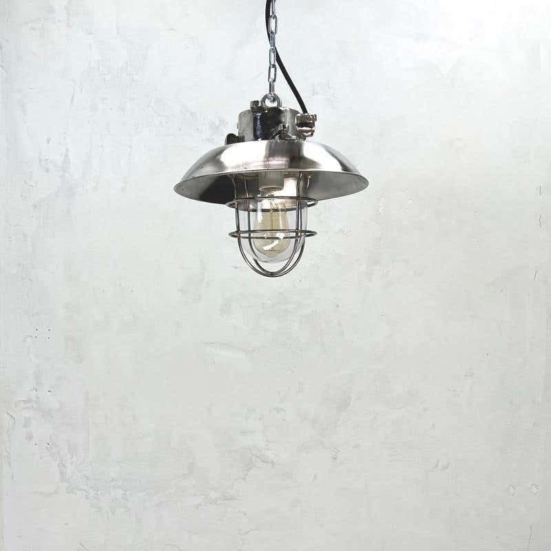 photo furniture 1980's Japanese Cast Steel Explosion Proof Pendant, Cage & Glass Shade