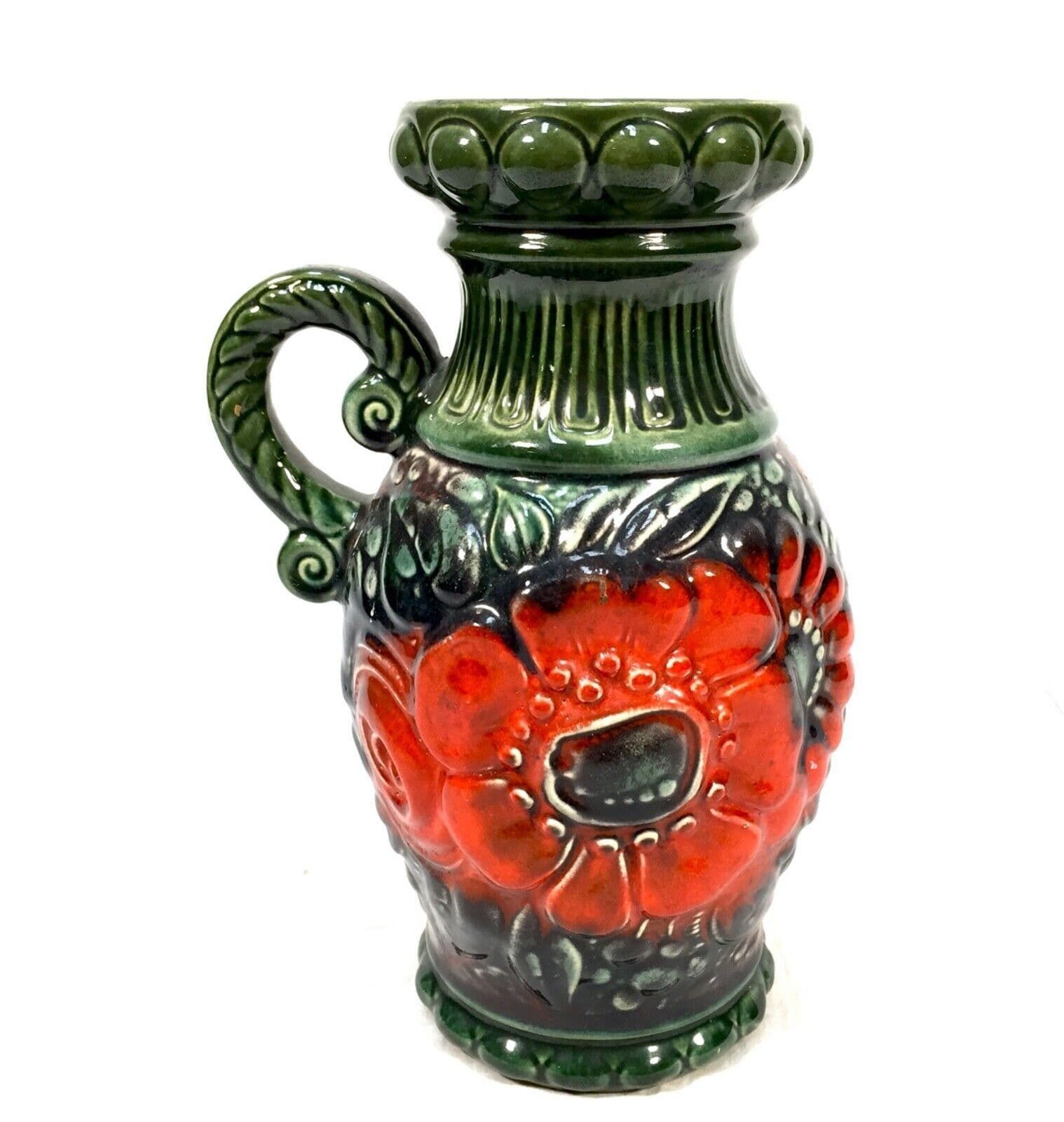 Vintage West German Pottery Vase / Jug / Green & Red / 1970s Retro photo for sale