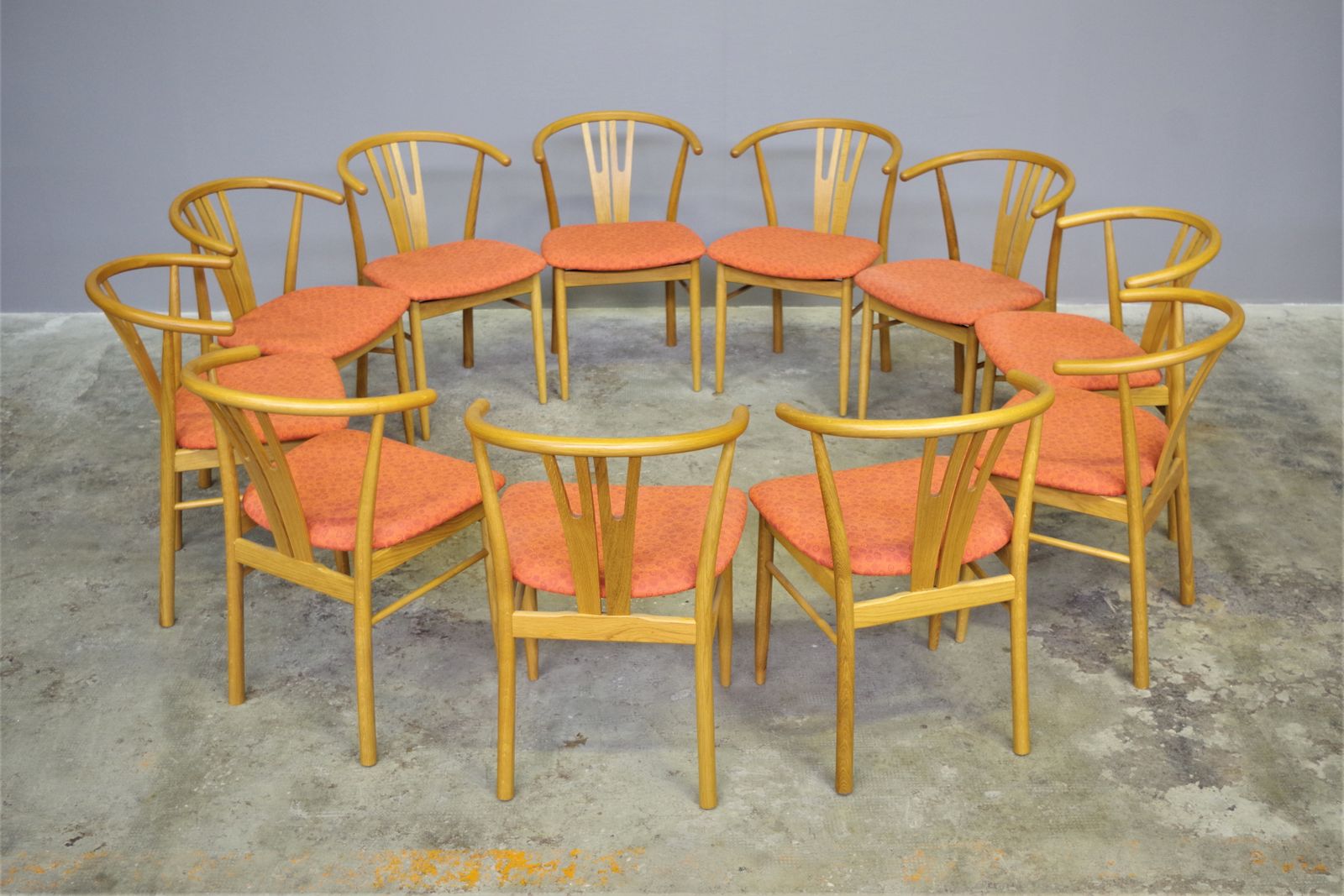 Set Of 11 New Modern Oak Chairs In Curved Wood