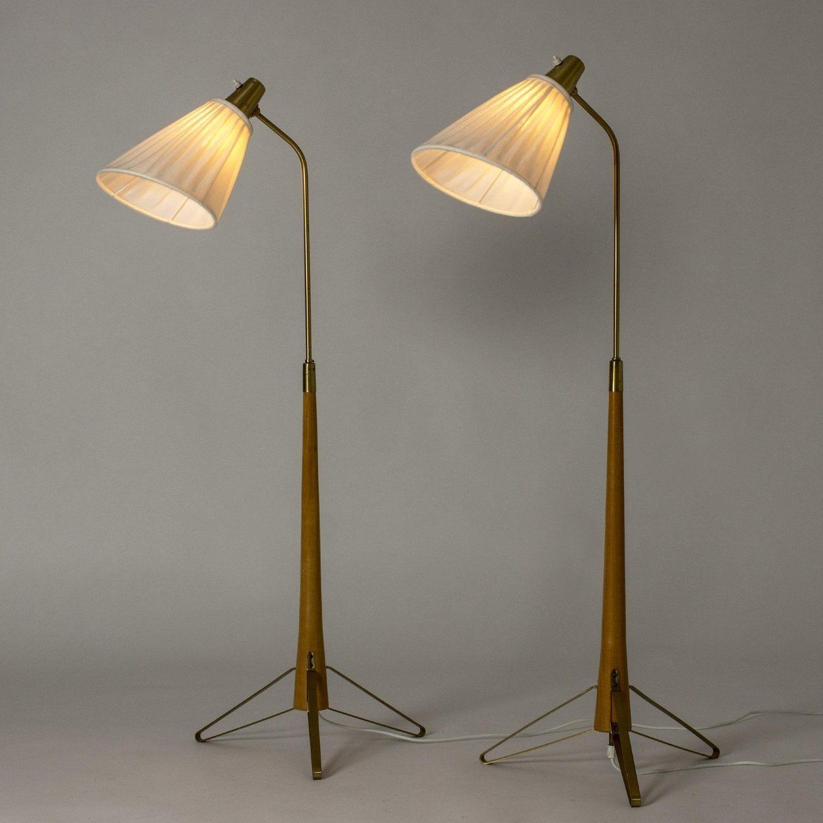 Brass And Beech Floor Lamps By Hans Bergström For Asea, 1950s photo for sale