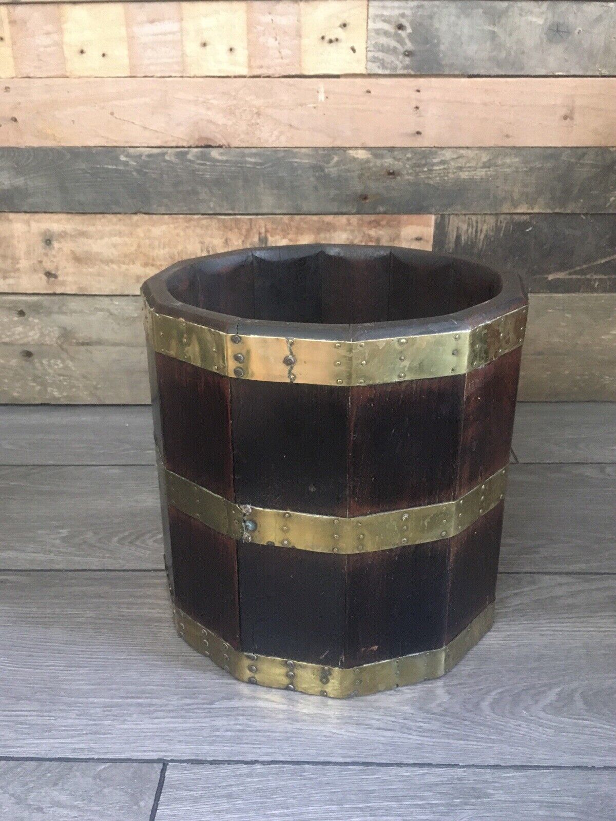 Antique 12 Sided Coopered Mahogany & Brass Barrel Planter Jardiniere Wine Cooler photo 275.0