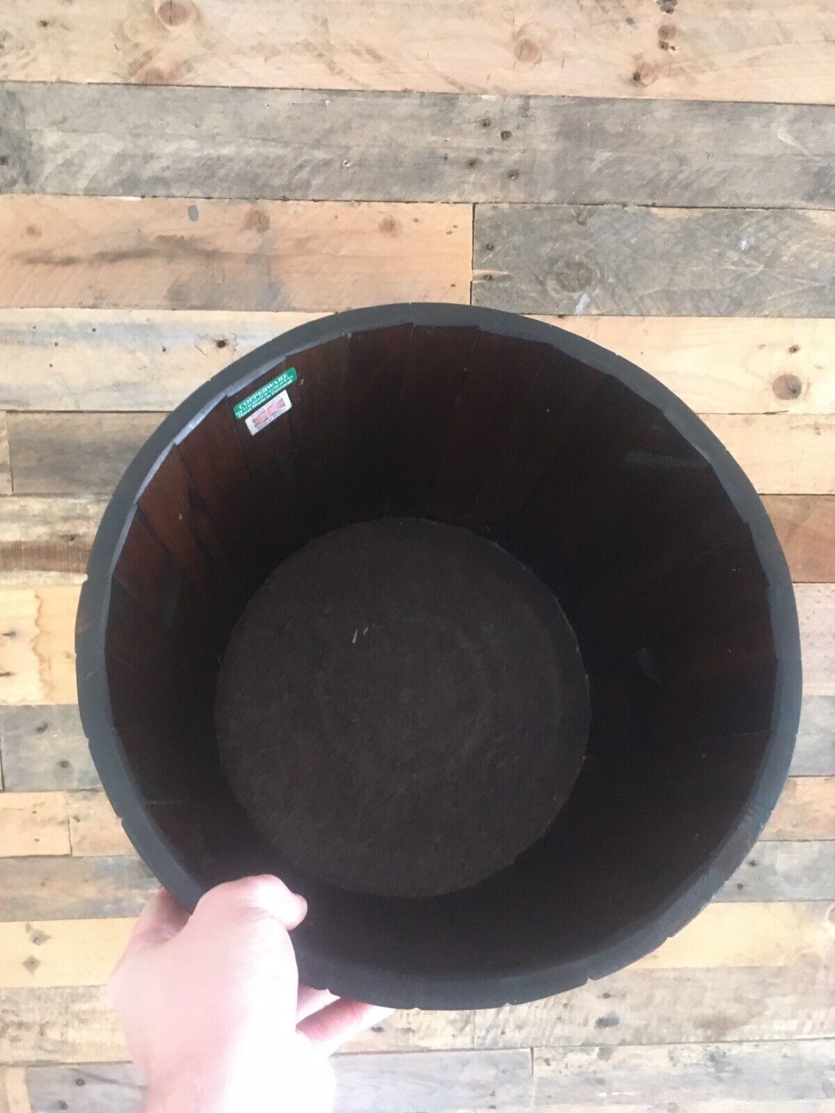 photo for sale Vintage Coopered Oak & Copper Barrel Planter Plant Pot Jardiniere Log Storage
