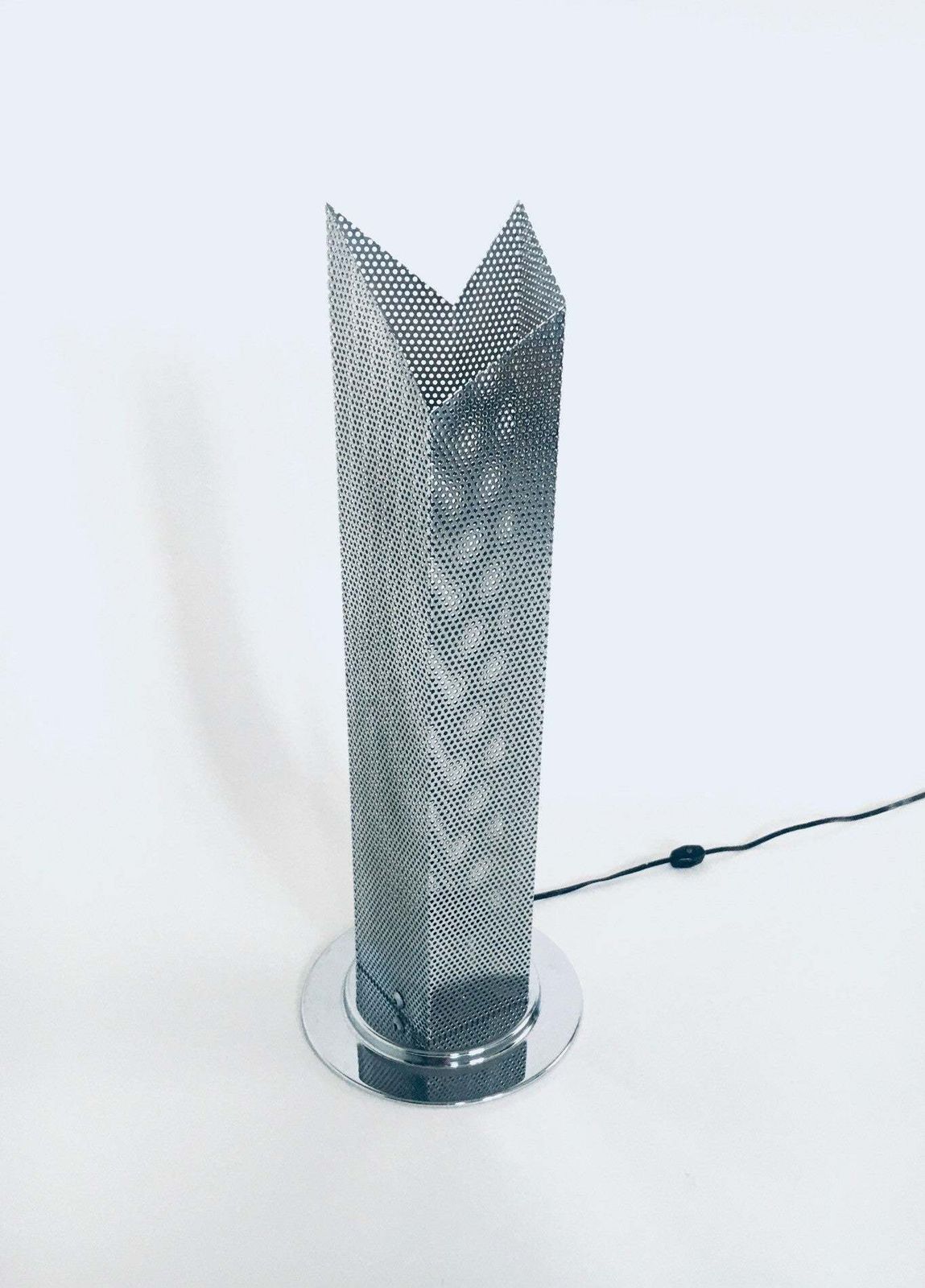 Postmodern Architectural Design Chrome Steel Perforated Metal Table Lamp, Italy 1980's photo 496.0