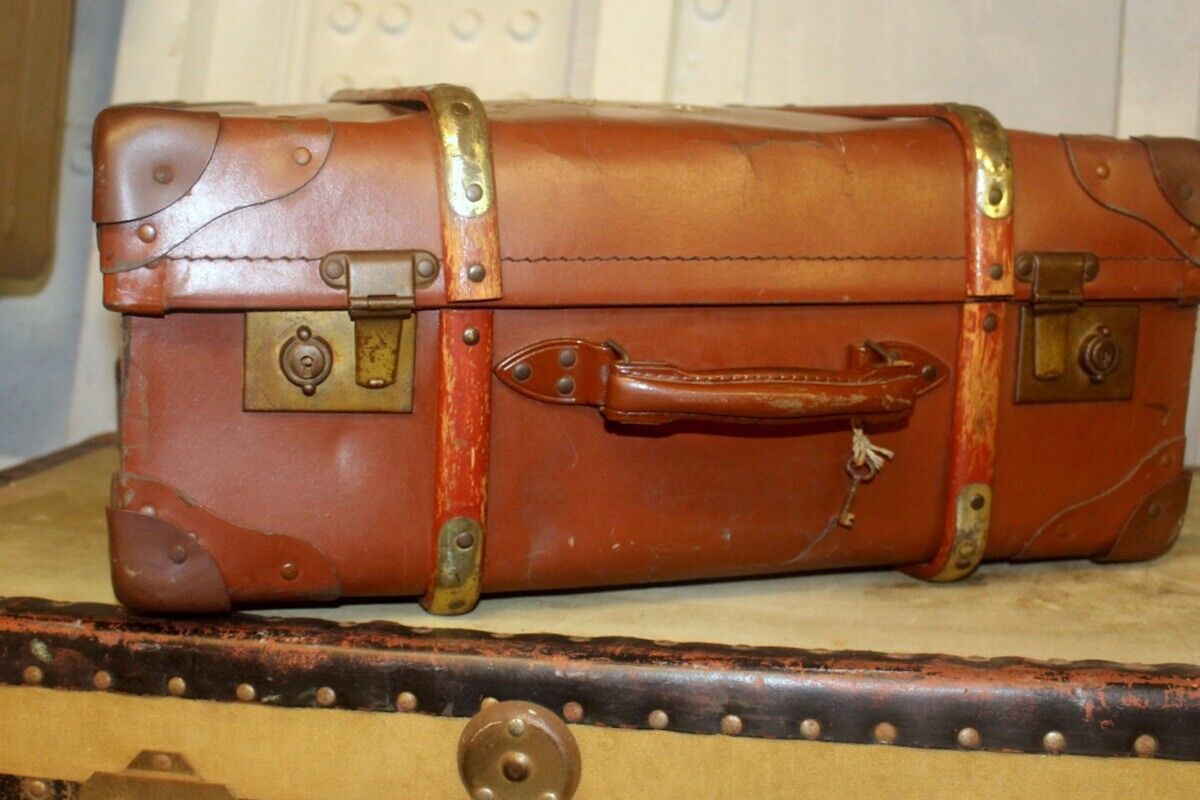 Vtg Steamer Trunk Leather Bras Wood Banding Chest Storage Box Coffee Table 1930s photo furniture