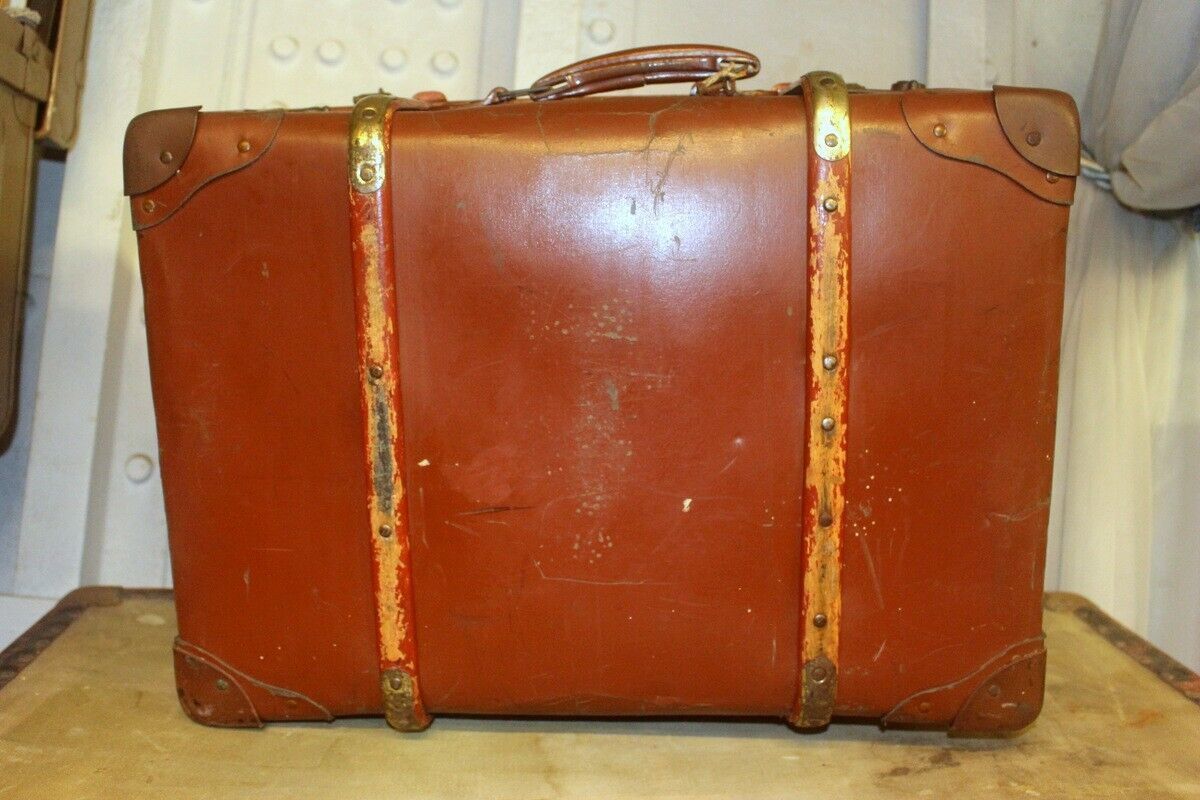 Vtg Steamer Trunk Leather Bras Wood Banding Chest Storage Box Coffee Table 1930s photo vintage