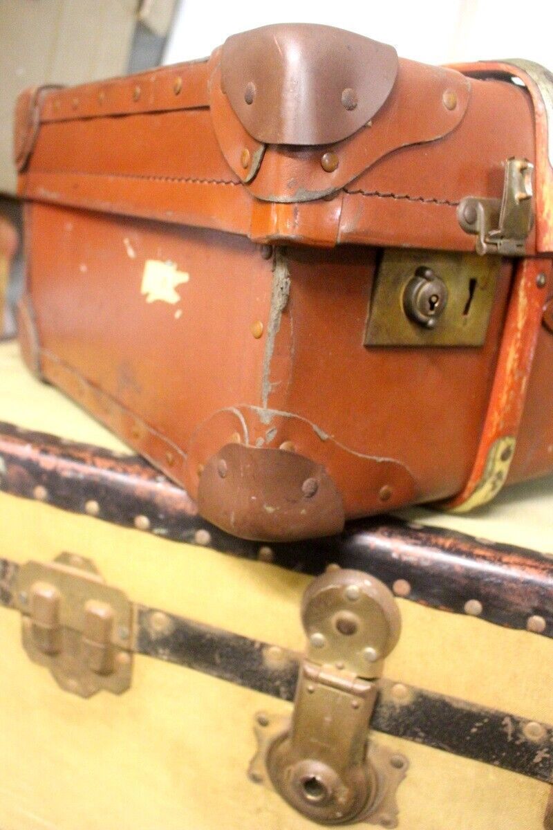 photo for sale Vtg Steamer Trunk Leather Bras Wood Banding Chest Storage Box Coffee Table 1930s