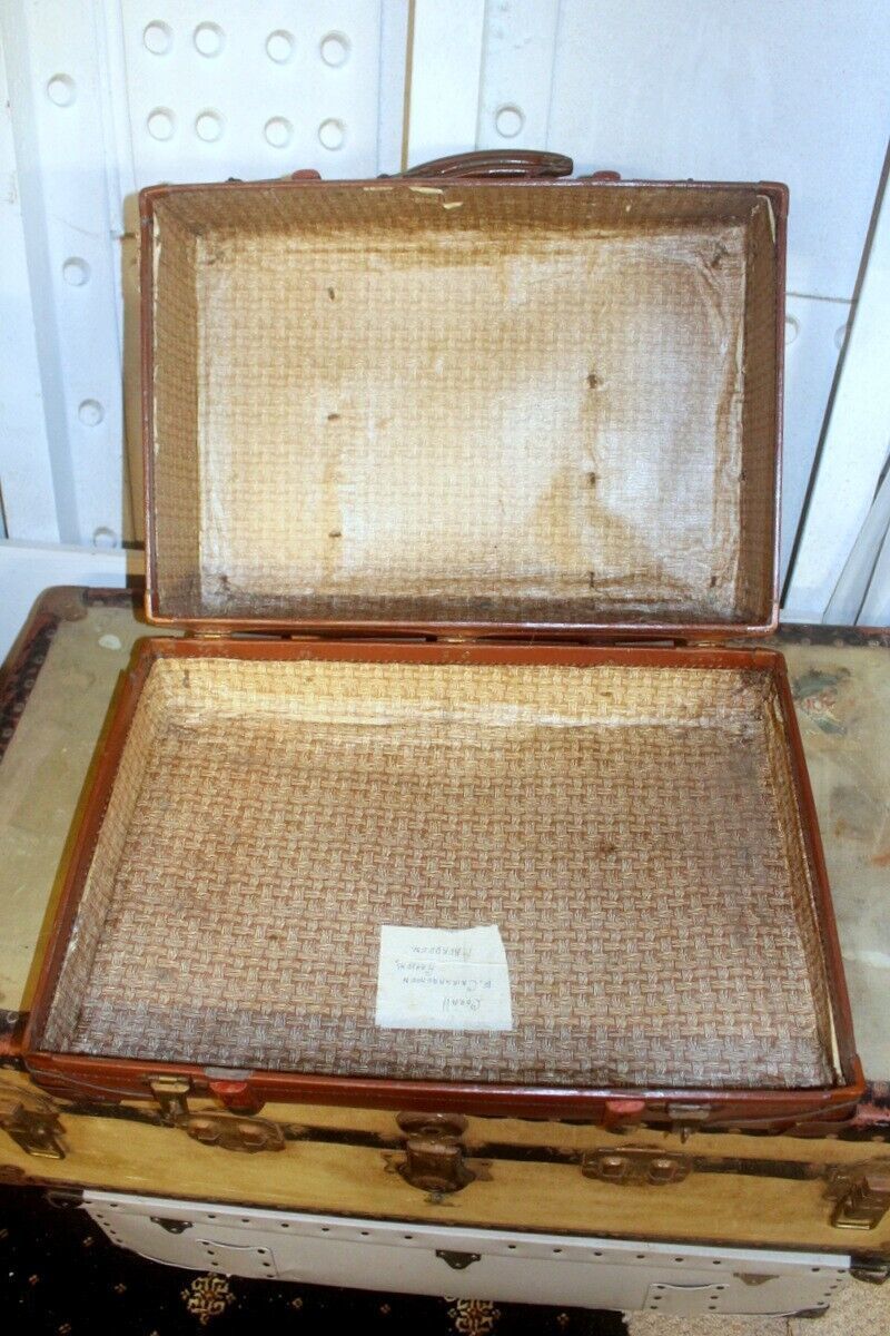 Furniture Vtg Steamer Trunk Leather Bras Wood Banding Chest Storage Box Coffee Table 1930s photo