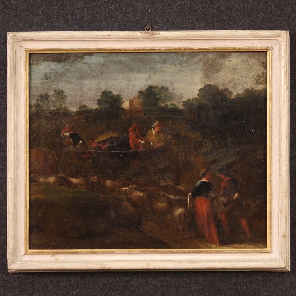 Antique Italian Painting From The 18th Century, Pastoral Scene With Chariot photo for sale