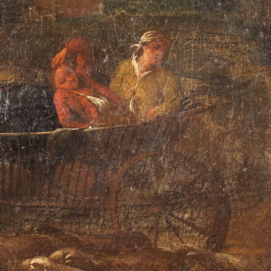 photo for sale Antique Italian Painting From The 18th Century, Pastoral Scene With Chariot
