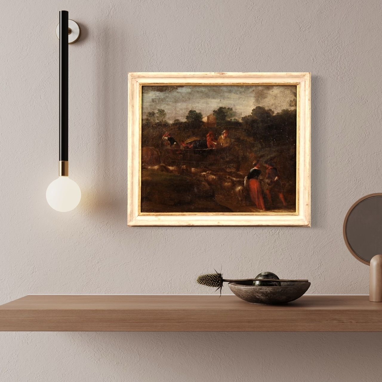 2250.0 Antique Italian Painting From The 18th Century, Pastoral Scene With Chariot photo