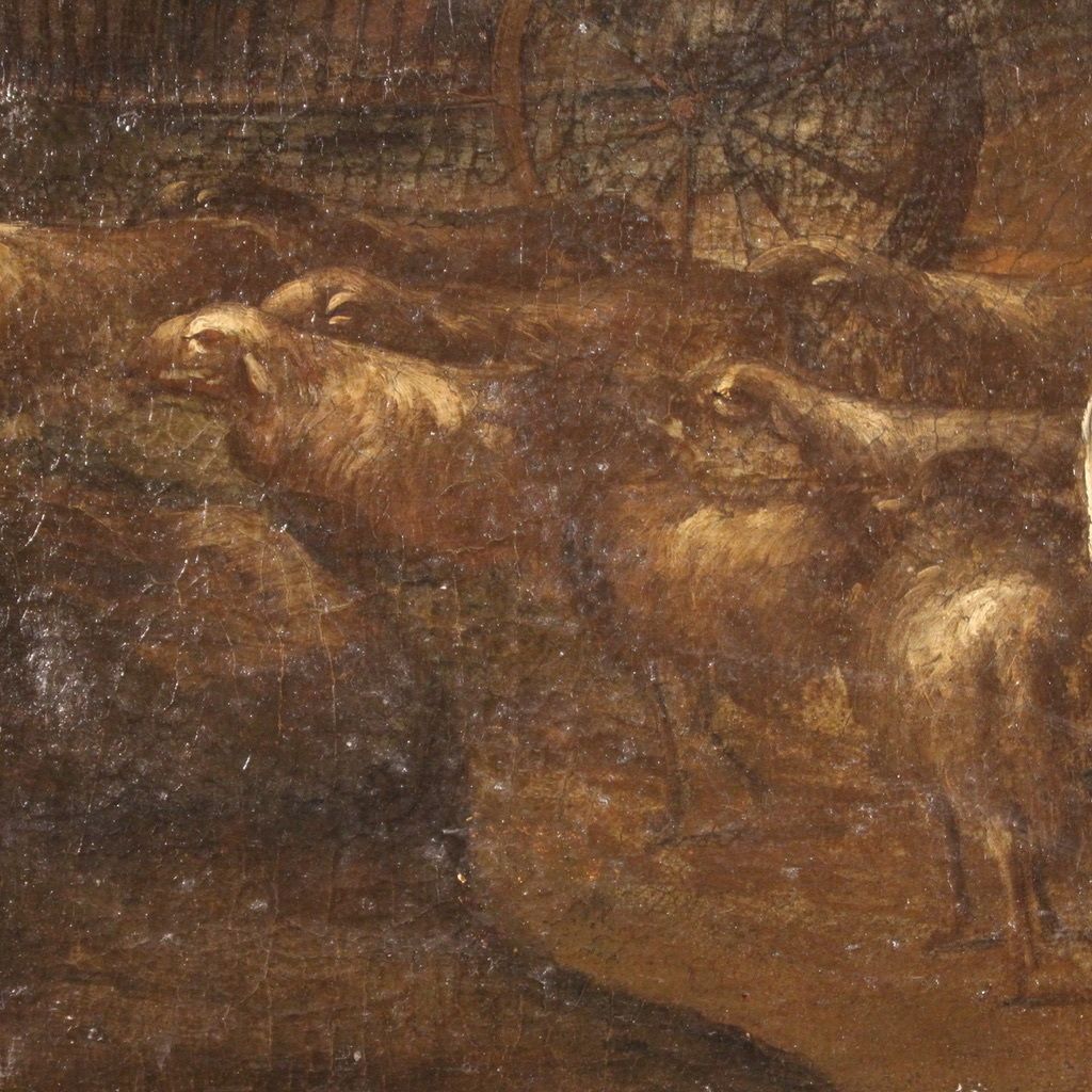 photo vintage Antique Italian Painting From The 18th Century, Pastoral Scene With Chariot