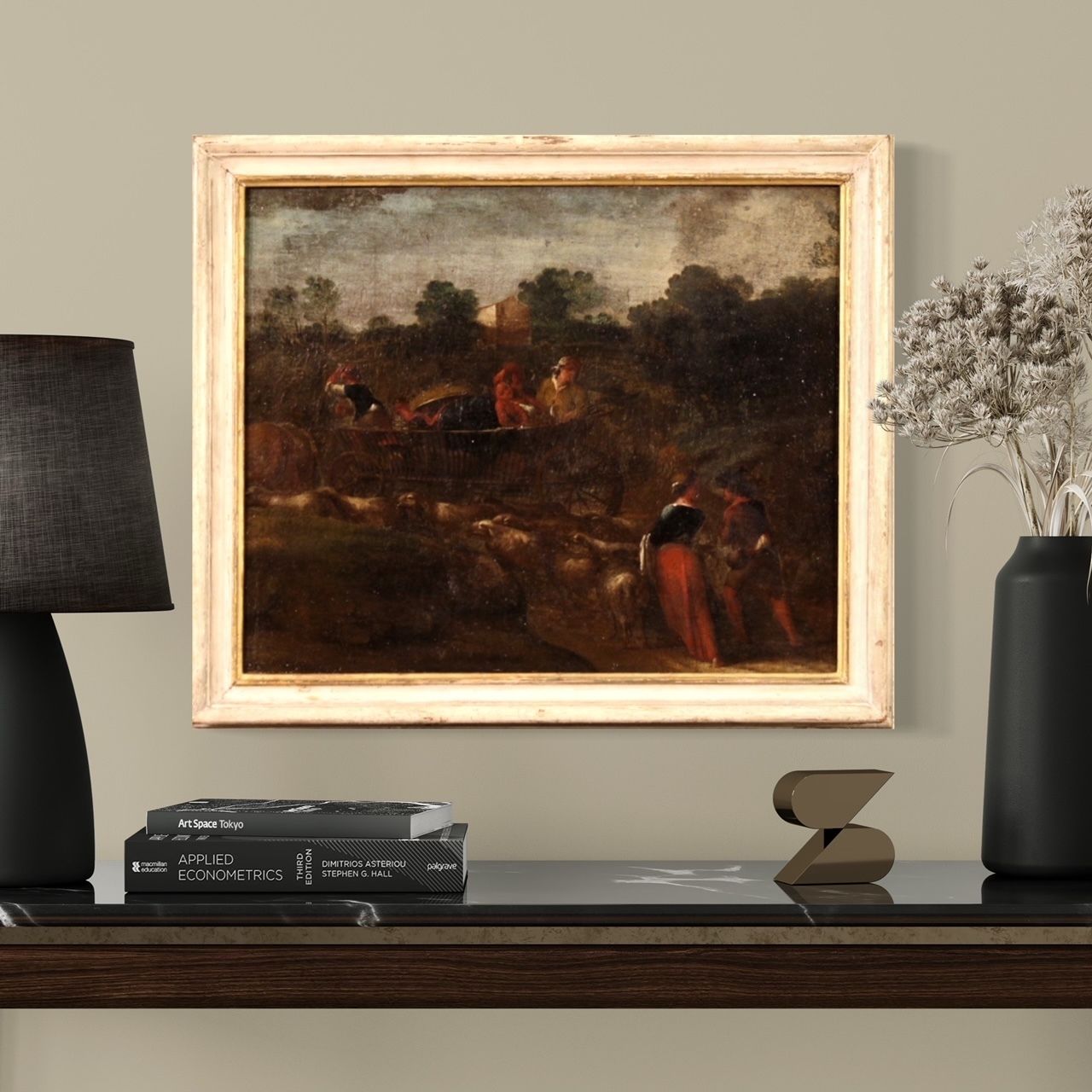 Antique Italian Painting From The 18th Century, Pastoral Scene With Chariot