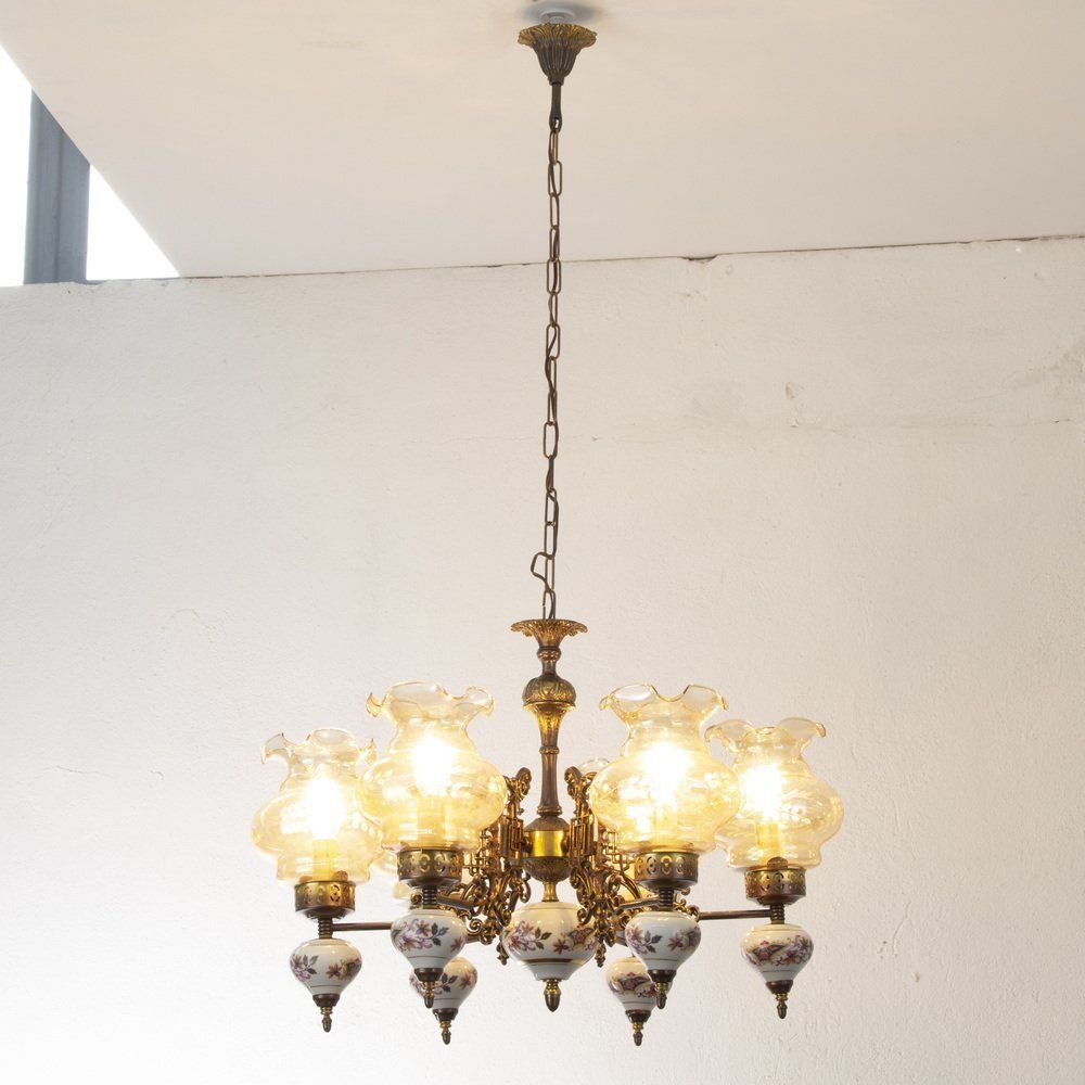 6 Lights Chandelier In Ceramic And Blown Murano Glass, Italy, 1950s photo for sale