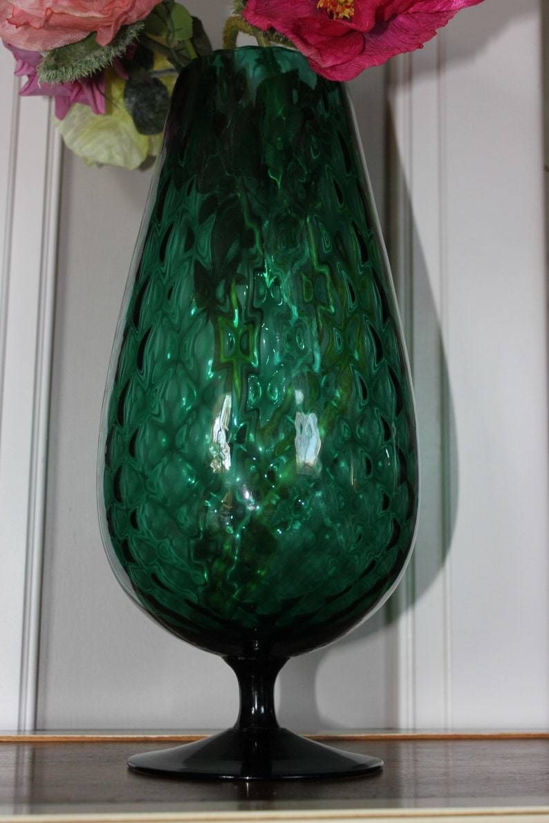 Stunning Green Glass Hand Blown Italian Pedestal  Emerald Home Accent Wedding, Anniversary Gift Vase photo vintage