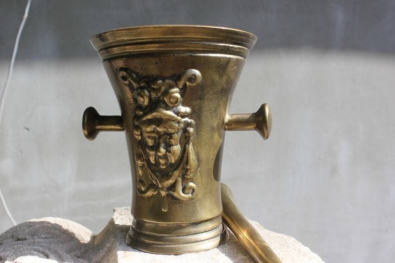 Rare Brass Mortar Solid Spice Hand Grinder And Pestle, Love Cooking Gift, Kitchen Decoration photo 132.0