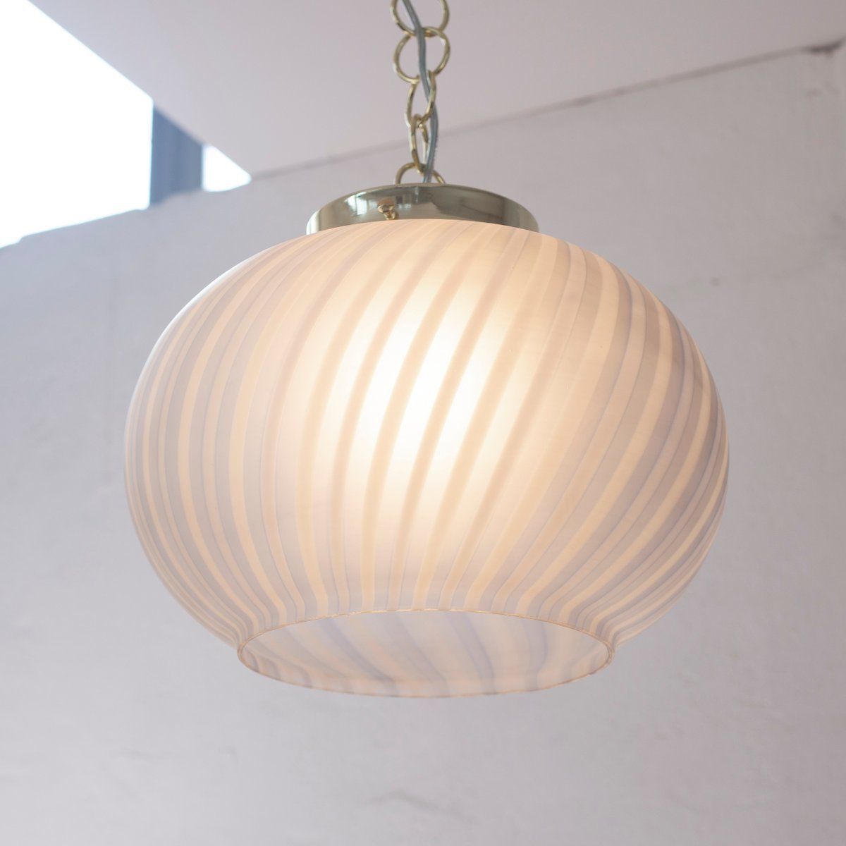 photo for sale Suspension Lamp In Frosted Glass With White And Turquoise Lines, Italy