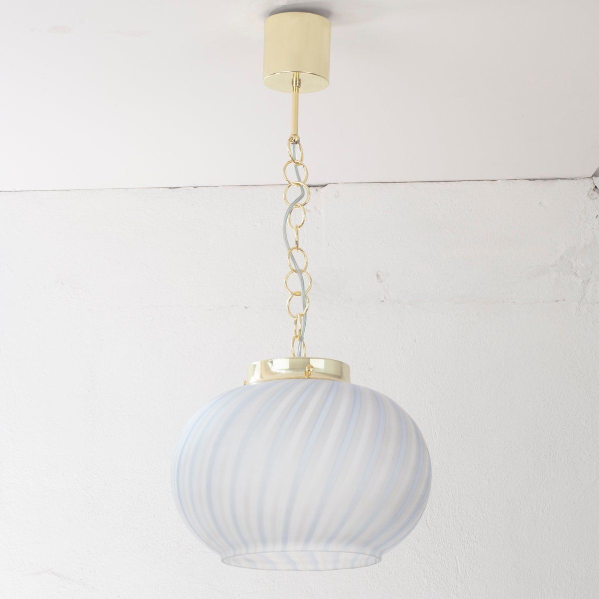 photo buy Suspension Lamp In Frosted Glass With White And Turquoise Lines, Italy